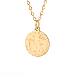 Mode 18k or <span class=keywords><strong>carte</strong></span> <span class=keywords><strong>du</strong></span> <span class=keywords><strong>monde</strong></span> gravé pièce disque pendentif collier Non ternir personnalisé gravure pièce collier pour femmes filles - Product Image 4