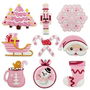 New Iron on Embroidery Cute <b>pink</b> Christmas Tree Santa Claus Snow Sock Guard Patch for Decoration - Product Image 1