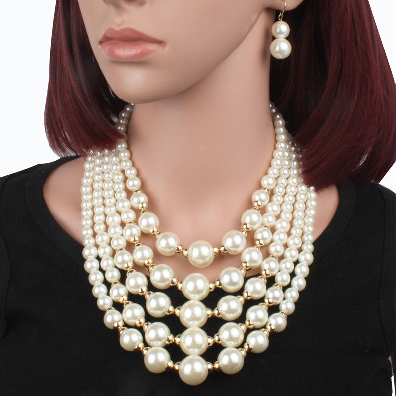 Boho Multi-layer Pearl Beaded Necklace Pearl Earring Set Jewelry Chain  Pearls Choker Necklace
