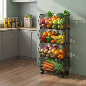 Four Tier <b>Wire</b> Storage <b>Rack</b> With Wheels For Kitchen Food Organization Modern Standing Type Non Folding Metal Basket - Product Image 5
