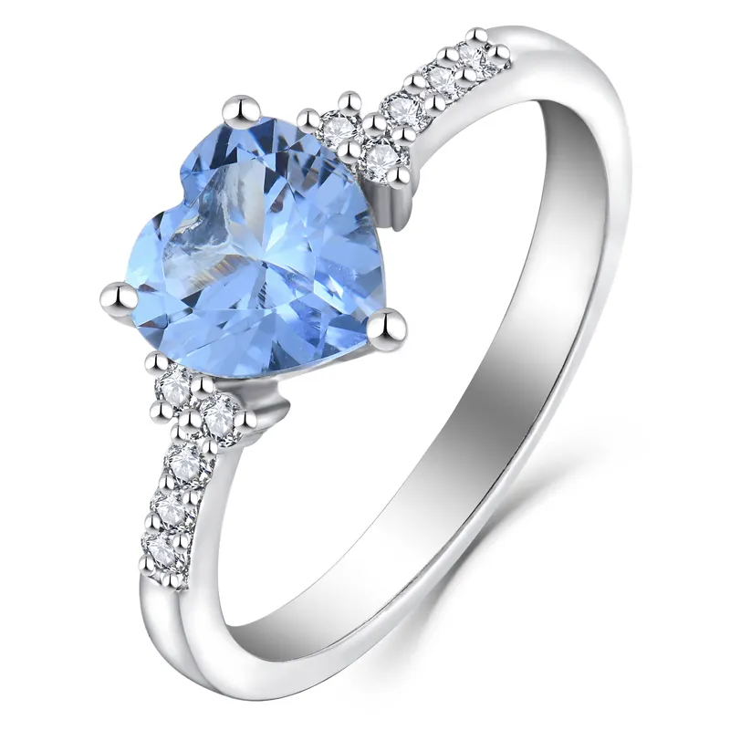 Alta Qualidade 925 Sterling Silver Blue CZ Anel Romântico Anel em Forma de Coração das Mulheres Ródio Banhado Diamante Pedra