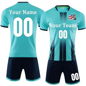 ชุดเสื้อฟุตบอลแบบซับลิเมชั่นสั่งทำพิเศษสำหรับผู้ชาย สีขาว-น้ำเงิน ระบายอากาศได้ดี แขนสั้น พิมพ์ชื่อทีมและหมายเลข สำหรับทุกฤดูกาล - Product Image 3