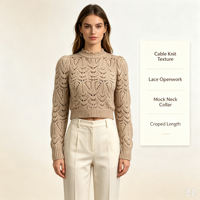 Pull en maille décontracté beige de haute qualité Ines Undefined, à manches longues, avec motif pointelle, OEM & ODM