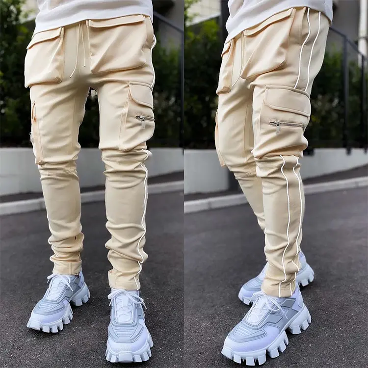 Streetwear Leisure Wholesale Reflective Stripe 6 Multi Pocket Stacked Cargo Track Pants Men