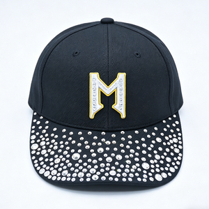 Gorra de béisbol unisex de mezclilla negra con pedrería, adornos brillantes, bordado de letra M en relieve y cristales brillantes, gorra de sol para fiesta - Product Image 5
