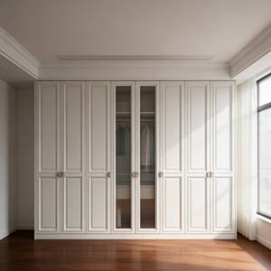 Custom Freestanding Wooden <b>Wardrobe</b> Modern Minimalist <b>White</b> Design With Glass Panels & Brass Hardware for Bedroom - Product Image 1