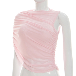 Viviblook J26TP171 – Nouveau haut plissé sexy à épaule unique en maille unie, coupe ajustée, pour femme, idéal pour l'été - Product Image 2