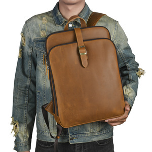 Men's Crazy Horse Leather <b>Backpack</b> <b>Large</b> Capacity Business Travel Laptop Bag Solid Color Dark Brown Light Brown - Product Image 1