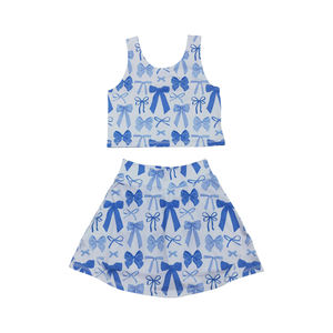 Ensemble de vêtements d'été pour petites filles avec nœuds bleus sans manches Jupe de yoga Sportswear Outfit Day Boutique Polyester/Cotton - Product Image 1