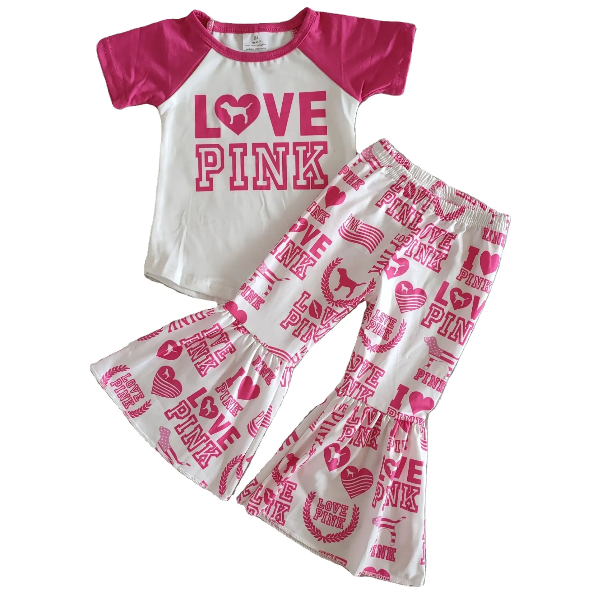 Оптовая продажа, одежда для маленьких девочек с надписью love, розовый однотонный топ реглан с коротким/длинным рукавом, штаны с надписью Love Dog