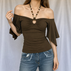 Top Halter Americano Retro Y2K con Cuentas y Aberturas, Estilo Asimétrico con Manga Murciélago para Mujer - Product Image 3