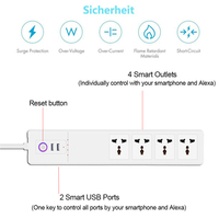Multiprise Intelligente WiFi Tuya avec 4 Prises Secteur et 2 Ports USB-A, Parafoudre Smart WiFi pour Prises Intelligentes UK AU US EU