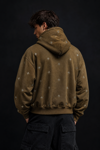 Sudadera con capucha oversize para hombre, color caqui lavado, con apliques de estrellas de diamantes de imitación y parche de arco gótico, bolsillo canguro, estilo streetwear - Product Image 5