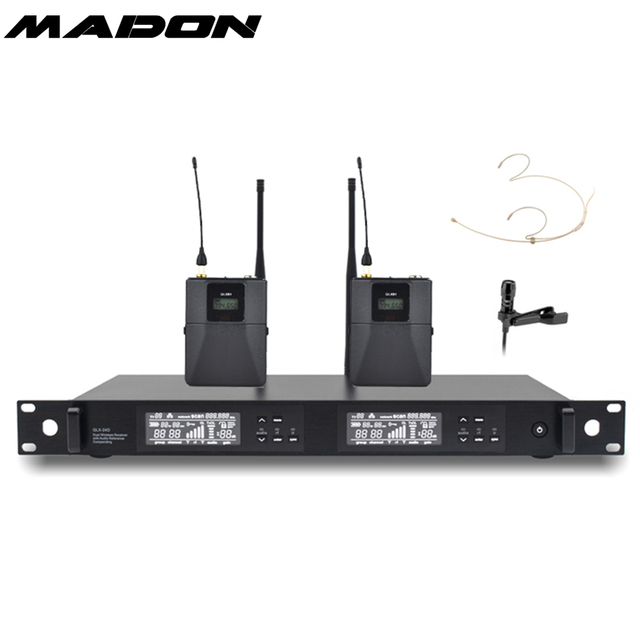 Madon UHF Dual Channels Wireless Microphone QLXD24D Transmitter with QLXD1 Bodypack Headset Microphone Condenser Microphone