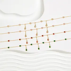 Rainbow Zirconia kalung Choker gantung rumbai berkilau baja tahan karat kalung batu rumbai antik lapis emas 14K