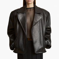 NAFA Blouson d'aviateur en cuir véritable noir à col cranté court et ceinturé personnalisé pour femme pour tenue décontractée