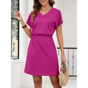 FOXA Vestido de verano para mujer con cuello en V, manga corta, cintura elástica, minivestido tipo camiseta, vestido informal para vacaciones en la playa con bolsillo - Product Image 2