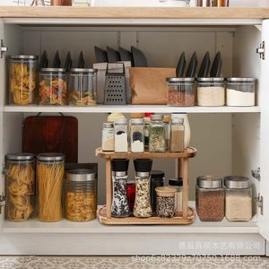 Wooden Double Layer <b>Rotating</b> Storage <b>Rack</b> For Canned Food <b>Spice</b> Organizer Countertop Multifunctional Kitchen <b>Rack</b> - Product Image 4