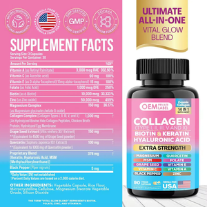 Capsules de Collagène OEM/ODM à <span class=keywords><strong>Prix</strong></span> Usine, Vente Chaude, 14-en-1, Soutien Anti-Âge, Santé des Cheveux, des Ongles et des Articulations, Mélange <span class=keywords><strong>Vital</strong></span> Glow 64000mcg, 60 Capsules - Product Image 3