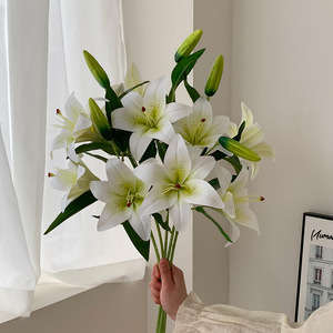 Bouquet de lys artificiels en soie, toucher réaliste, rose et blanc, pour mariage et décoration intérieure, 10 pièces, moulage par injection - Product Image 3