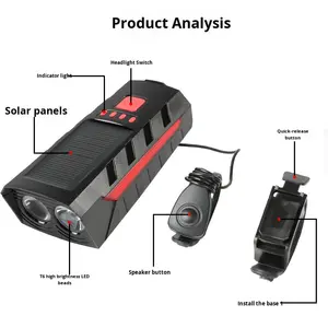 ไฟหน้าจักรยานแบบสามโหมด พร้อมแตรในตัว ใช้พลังงานแสงอาทิตย์ ชาร์จผ่าน USB เสียงดัง สำหรับการขี่จักรยานกลางแจ้ง - Product Image 5