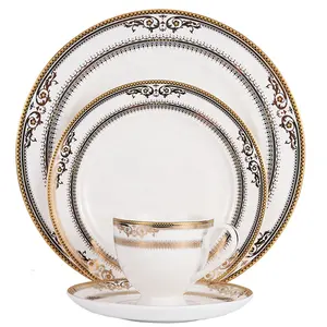 Conjunto de louça de cerâmica de luxo de alta qualidade porcelana osso branco china elegante borda de ouro pratos de jantar conjuntos