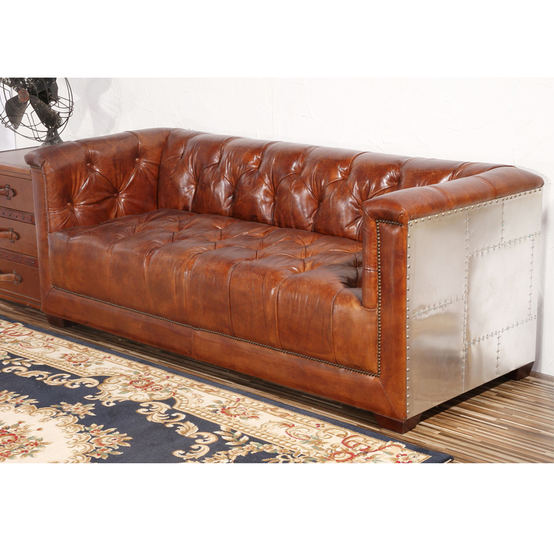 Vintage Bright Surface Leather Sofa Furniture With Rivets