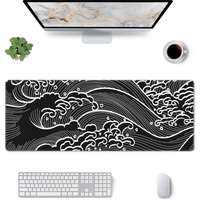 Tapis de souris de jeu grand format noir et blanc, tapis de souris XL, tapis de bureau long pour clavier, motif vague de mer d'anime japonais