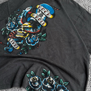 Camiseta MZN para Hombre, Estilo Rock <span class=keywords><strong>N</strong></span> Roll, con Estampado de Calavera y Rosas, Vintage, Lavada, de Algodó<span class=keywords><strong>n</strong></span> Grueso, 220g, Ecológica - Product Image 4