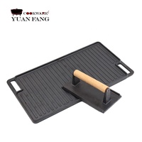 Panci Pemanggang Bbg, Peralatan Masak Berkemah Pra-bumbu Besi Cor Sisi Ganda Reversibel, Wajan Piring Panggangan dengan Penekan Daging