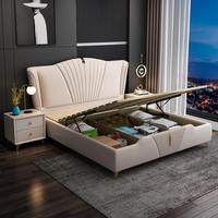 Lit double moderne et minimaliste en bois massif - Cadre de lit king size en cuir durable avec rangement - Ensemble de meubles de chambre à coucher