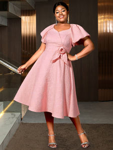 AM050607 elegante manica a sbuffo corta con scollo a V 3D fiore rosa Jacquard a linea rosa abito Casual da donna <span class=keywords><strong>Midi</strong></span> - Product Image 2