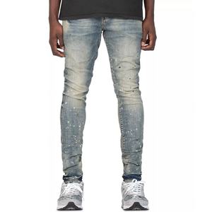 Custom Vintage Washed Slim Fit <b>Jeans</b> Light Blue Faded Denim Trousers Splatter Printed <b>Indigo</b> <b>Jeans</b> for <b>Men</b> - Product Image 1