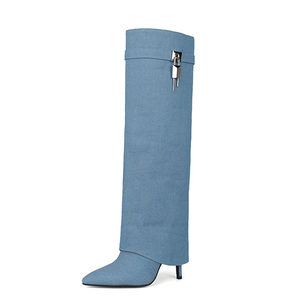 Thin High Heel Pointed Toe Overlay Shoes Dress Stiletto Pants Lock Boots Women's Folded Over Metal Decor Knee High <b>Booties</b> - Product Image 6