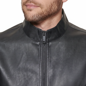 Veste de motard en cuir véritable fabriquée en usine, coupe ajustée, col montant, logo sur le devant, vêtement d'hiver pour homme, couleur et tailles personnalisées - Product Image 1