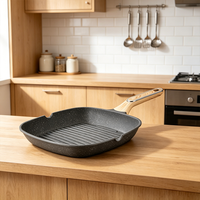 Poêle à griller carrée en aluminium moulé sous pression, revêtement antiadhésif granit sans PFOA, manche en bois, compatible induction, pour cuisson de steaks