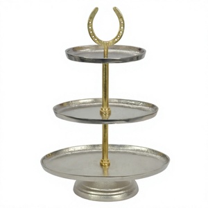 Plateaux ronds décoratifs pour servir les aliments, plateaux de présentation en métal pour cupcakes et pâtisseries, support à gâteau à 3 niveaux avec poignée en forme de fer à cheval - Product Image 1