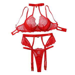 Fashion Embroidery Heart Lingerie <b>Set</b> <b>Sexy</b> Lace See-Through Three-Piece Buckle Leg Strap Bra <b>Set</b> - Product Image 6