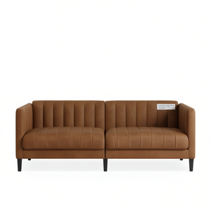 Divano Chesterfield Moderno in Ecopelle Marrone, Due Posti, Imbottito, per Soggiorno, con Schienale Trapuntato e Braccioli Imbottiti - Product Image 1