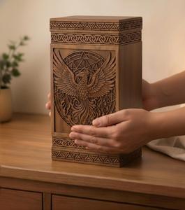 Compre una urna de cremación de madera tallada a mano con motivos florales, un recipiente decorativo para cenizas humanas, de exportadores. - Product Image 2