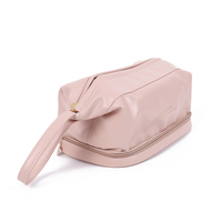 Sac à cosmétiques double couche en cuir, sac de maquillage de voyage portable, trousse de toilette en cuir, pochette à cosmétiques spacieuse pour femmes et filles
