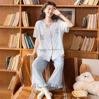 Piyama Kasual Lucu Motif Kartun 2 Potong untuk Musim Panas, Bahan Katun Snowflake, Lembut, Bernapas, Pakaian Tidur Wanita Longgar ODM
