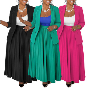 Trendy Plus Size Dames Casual Outfits Breiwerk <span class=keywords><strong>Blazer</strong></span> Geplooide Rok Tweedelig <span class=keywords><strong>Set</strong></span> voor Kantoor Dames Comfortabele Kleding - Product Image 1
