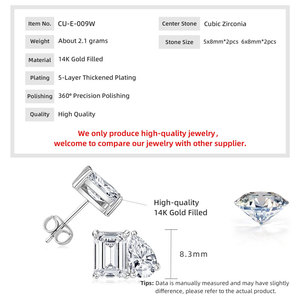 Nouvelles Boucles d'Oreilles en Gros, Émeraude et Zircon Poire, Plaqué Or 14K, Design Géométrique Bicolore, Clous d'Oreilles à Deux Pierres, Cadeau pour Fiançailles - Product Image 5