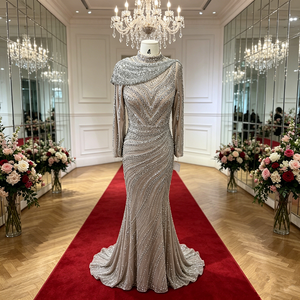 Robe de soirée sirène luxueuse à perles, robe de bal scintillante avec strass, robe de soirée formelle à manches longues pour femmes, pour mariage ou fête - Product Image 3
