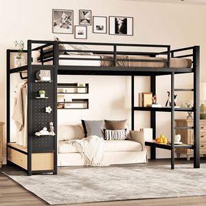 <span class=keywords><strong>Lit</strong></span> superposé moderne multifonctionnel à deux niveaux pour écoliers avec penderie, armoire de rangement, étagères de rangement et panneau suspendu - Product Image 1