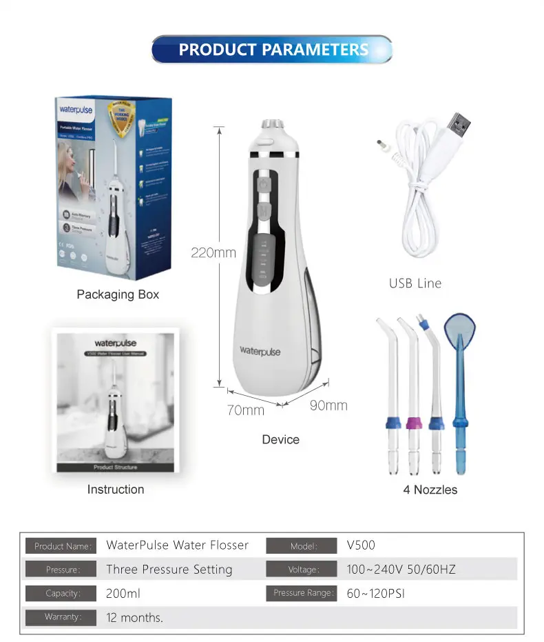Waterpulse Colored V500 Electronic Portable  Dental Flosser Tooth Breath Oral Irrigator Water Flosser