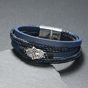 Pulsera de Cuero Multicapa con Amuleto de <span class=keywords><strong>Mano</strong></span> de <span class=keywords><strong>Hamsa</strong></span>, Cierre Magnético, Estilo Boho para Hombre - Product Image 4