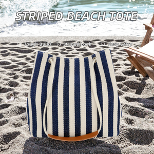 Striped Canvas Beach Tote <b>Bag</b> <b>Large</b> <b>Drawstring</b> Closure Shopping <b>Bag</b> Blue White Pattern - Product Image 2