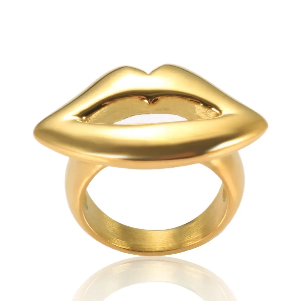 Fine Jewelry 18k Gold Plated 316l Stainless Steel Vintage Women Ring Geometric Unique Finger Ring Exaggerate Lip Shape Ring
